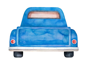 Watercolour illustration of back view of blue pickup car. Hand painted water color graphic drawing on white, cut out clip art element for design decoration, poster, greeting card, banner, print.