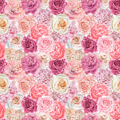 Watercolor boho floral seamless pattern. Dusty pink, white, roses, peonies, greenery, eucalyptus, tropical flowers, suitable for digital scrapbooking, fabrics, invitations, weddings