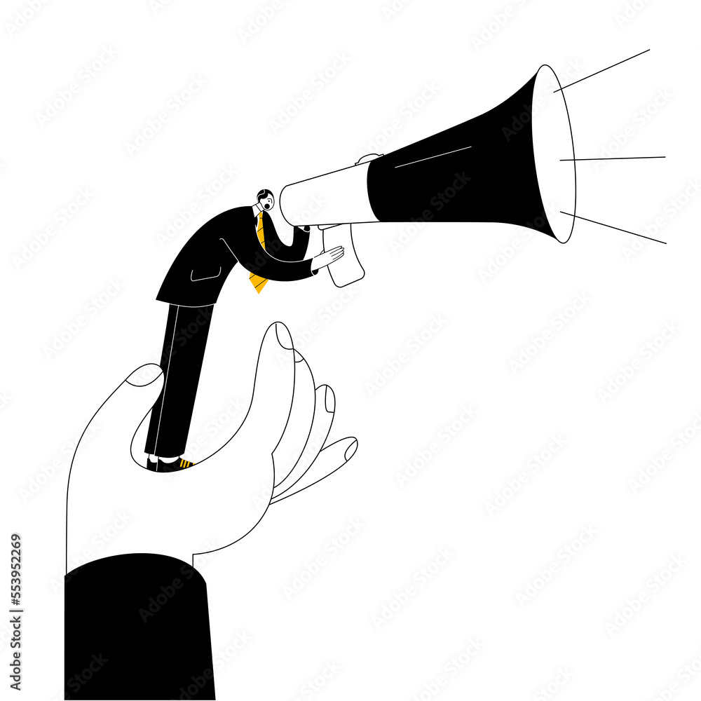 Poster a man stands on a huge arm and shouts into a megaphone. vector illustration in the style of flat on 