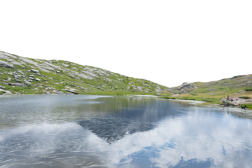 Isolated PNG cutout of a mountain lake in summer in the Alps on a transparent background, ideal for photobashing, matte-painting, concept art