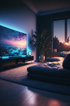 black modern living room interior with a birg TV set, loft, luxury,fictional interior made with generative ai