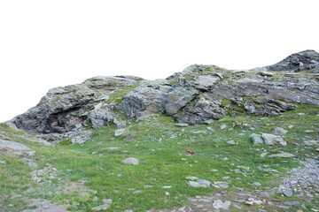Isolated PNG cutout of a mountain in summer in the Alps on a transparent background, ideal for photobashing, matte-painting, concept art