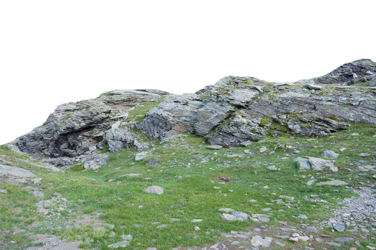 Isolated PNG cutout of a mountain in summer in the Alps on a transparent background, ideal for photobashing, matte-painting, concept art
