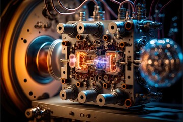 Fototapeta na wymiar Laser reactor in an atomic astrophysics lab for nuclear fusion experiment. Joining of atomic nuclei to form a new nucleus, results in release of additional clean energy without creating any pollution.