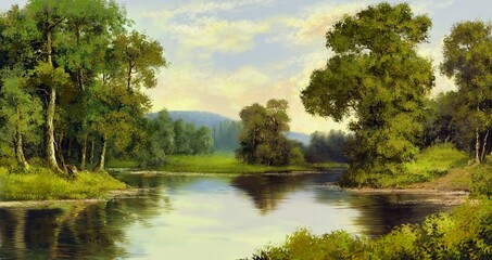 Paintings landscape, river in the forest