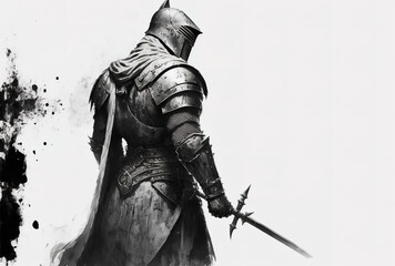 A medieval knight is shown in black and white on a white backdrop. Generative AI