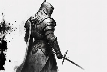 Fototapeta premium A medieval knight is shown in black and white on a white backdrop. Generative AI