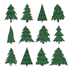 Christmas tree hand drawn clipart. Spruce doodle set. Single element for card, print, design, decor