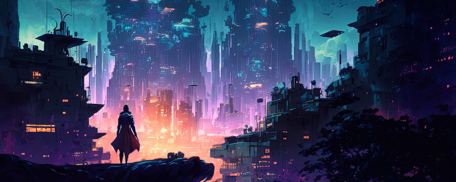 Science fiction cyberpunk cityscape at night, illustration. Colorful neon light, brilliant color. © La Cassette Bleue