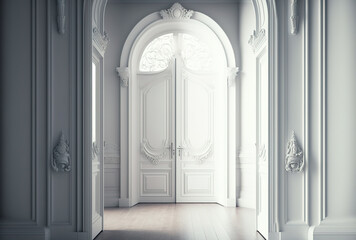 White traditional doors in a hallway or corridor, interior background. Generative AI