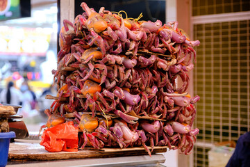A lot of fresh crabs packaged on a market stall in Quito