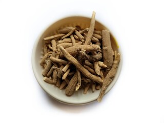 Organic Ashwagandha (Withania somnifera) roots.  Also known as Indian Ginseng or Indian Winter cherry. A well known ayrvedic herb, India.