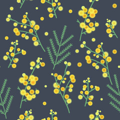 spring continuous pattern of mimosa flowers on a dark background.Bright yellow balls of acacia flowers.