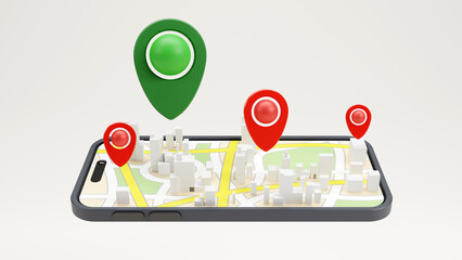 3d rendering of Red and green location pin and smartphone with city map on white background, Online business icon