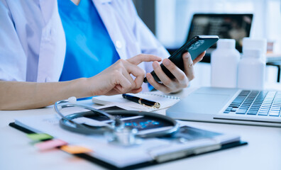 Medicine doctor hand working with modern digital tablet computer interface as medical network...