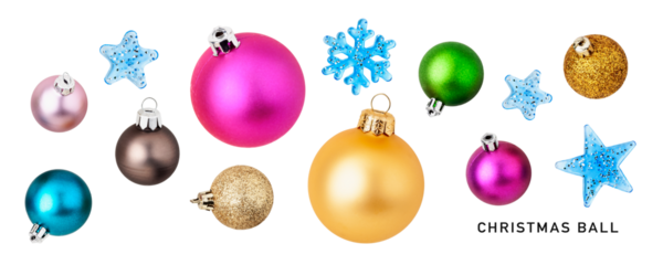 Christmas baubles, snowflake and star set. PNG with transparent background. Flat lay. Without shadow.