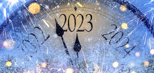 Countdown to midnight. Retro style clock counting last moments before Christmas or New Year 2023