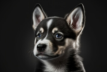 Naklejka na ściany i meble Husky puppy dog portrait with an inquisitive expression and a dark backdrop. Generative AI
