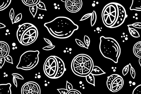Lemon fruits seamless pattern on black background