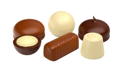 Six different chocolate candies on transparent background