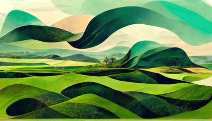 Landscape with green mountains and fields created using Generative AI technology