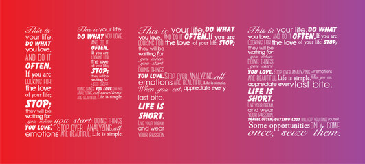 Word "Life" on gradient background. Pink, white and violet colors. Letter "i", "l", "f", "e". Word cloud. Different positive phrases. Banner, cover or card.