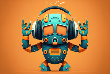 Business flat cartoon style robot covering ears with fingers and displaying annoyance at loud music or sound robot graphic design image of artificial intelligence. Generative AI