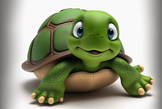 Cartoon turtle image in a lovely turtle pose on a white backdrop. Generative AI