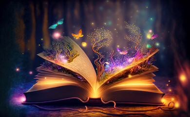 Open magic book with growing lights, magic powder, butterflies. Magic book of elves in the fairy forest - obrazy, fototapety, plakaty