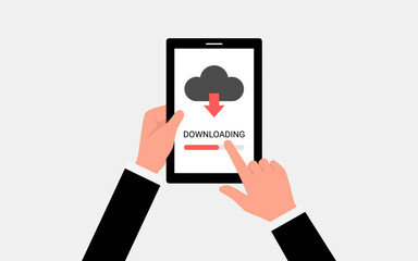 Mobile phone in hand with download data to cloud computing concept for file sharing and data transfer system.
