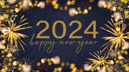 HAPPY NEW YEAR 2024 - Festive silvester New Year's Eve Party background greeting card - Golden...