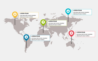 Business infographic with 5 location pointers, steps, options