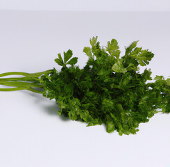 Close up of sprig of green fresh parsley on white background created using Generative AI technology