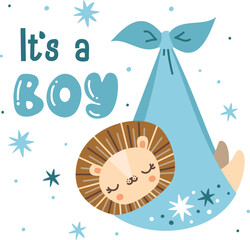 Vector design for baby showers. Cute newborn lion cub in a blue diaper. The inscription is a boy 