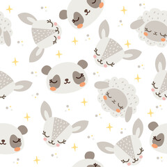 Seamless vector pattern. Cute sleeping animals, stars. Panda, deer, father, ram, antelope. Background for children's products on white background  © Alena