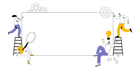 People with different elements and a magnifying glass around a white sheet of paper. Vector frame with characters for your advertisement.