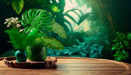 Obraz premium Tropical green floral background, for product display and presentation, Wooden table