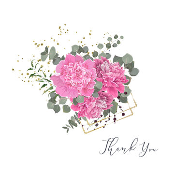 Vector flower card Thank you. Pink peonies , eucalyptus, sequins and gold geometric shapes 