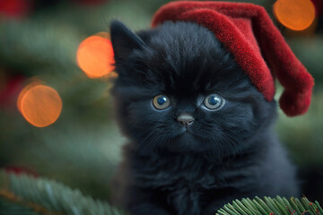 Cute little black kitten wearing a red Christmas hat with a Christmas tree and Christmas lights, AI generated image