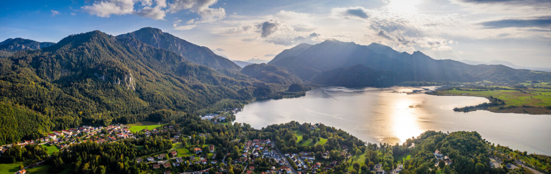 Kochelsee lake beautiful alps panorama in bavaria. Scenic Drone shot