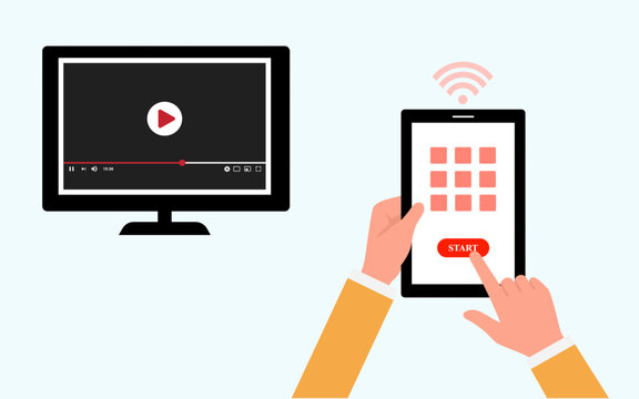 Tv monitor controlled via smartphone with Wi-Fi. smart technology. smartphone remote control. vector illustration.