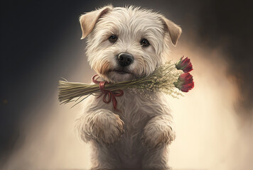 Cute dog clutching a dried flower arrangement while celebrating Valentine's Day, Mother's Day, or a holiday. Generative AI