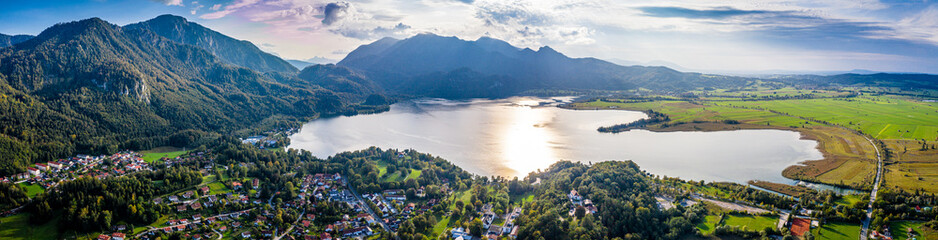 Kochelsee lake beautiful alps panorama in bavaria. Scenic Drone shot
