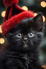 Beautiful cute black kitten wearing a red Christmas hat in the Christmas lights background, AI generated image