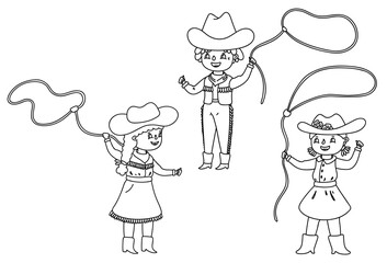 Cowgirl cowboy kid twirling a lasso. Vector outline set for children coloring page.