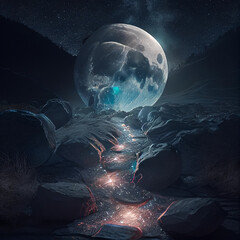 a night scene with a river and a full moon on the ground fantasy art, fantasy, mystical