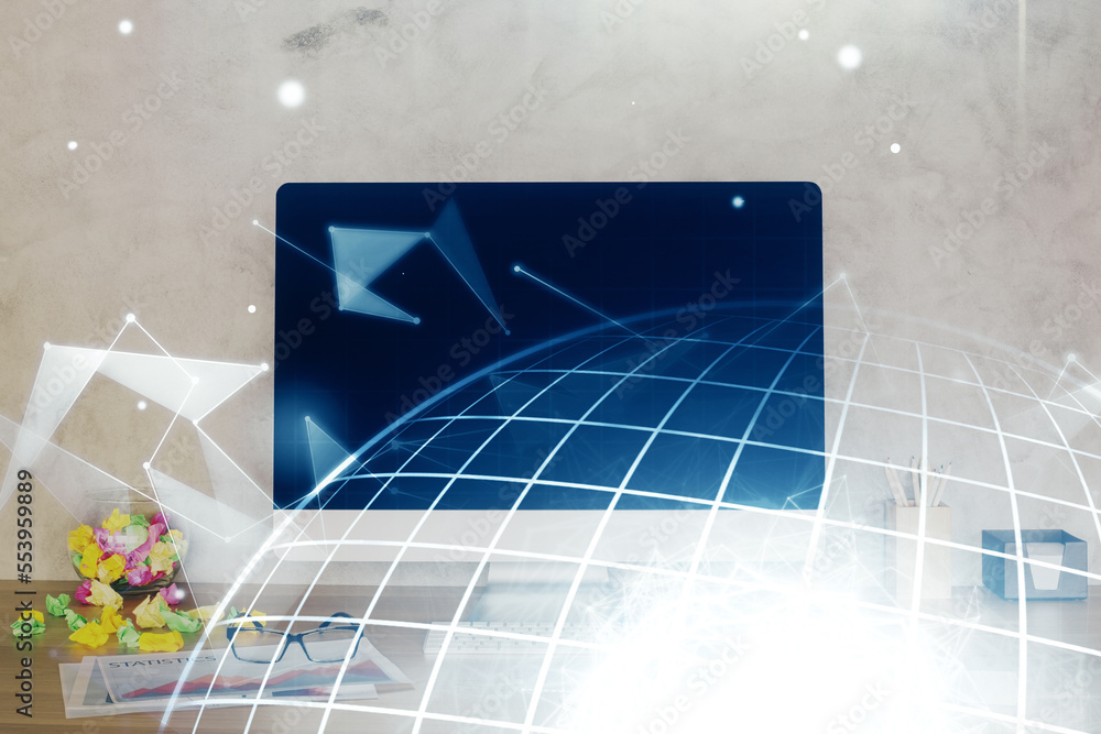 Poster Double exposure of desktop with computer and world map hologram. International data network concept.