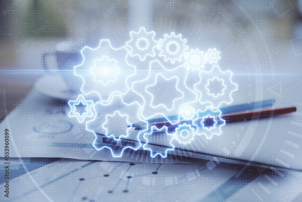 Poster Double exposure of business theme icons and work space with computer background. Concept of success.