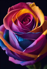 Macro photography style of a rose with multicolored petals. Vibrant rainbow colors. Pride week. Romance.