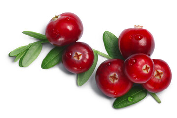 Cranberry (fruits of Vaccinium oxycoccus) with leaves, top view isolated png - obrazy, fototapety, plakaty
